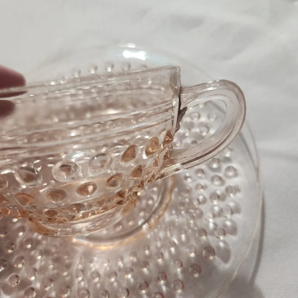 Vintage Pink Depression Glass Hobnail Teacup & Saucer Set of 7 |Party Collection